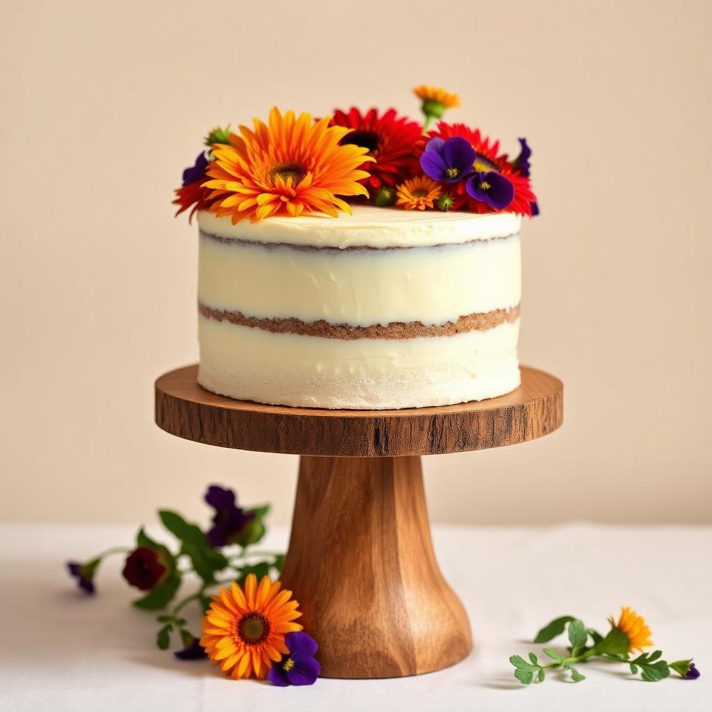 Bolo artesanal decorado com flores comestíveis